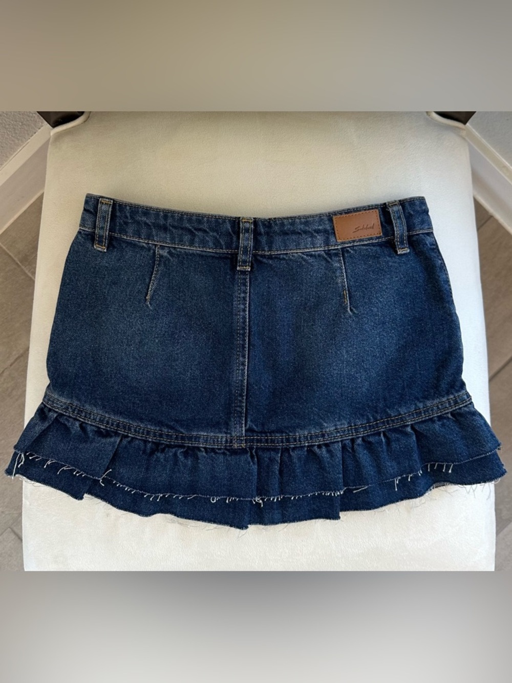 Subdued Dark Blue Ruffle Denim Mini Skirt - Picture 3 of 8